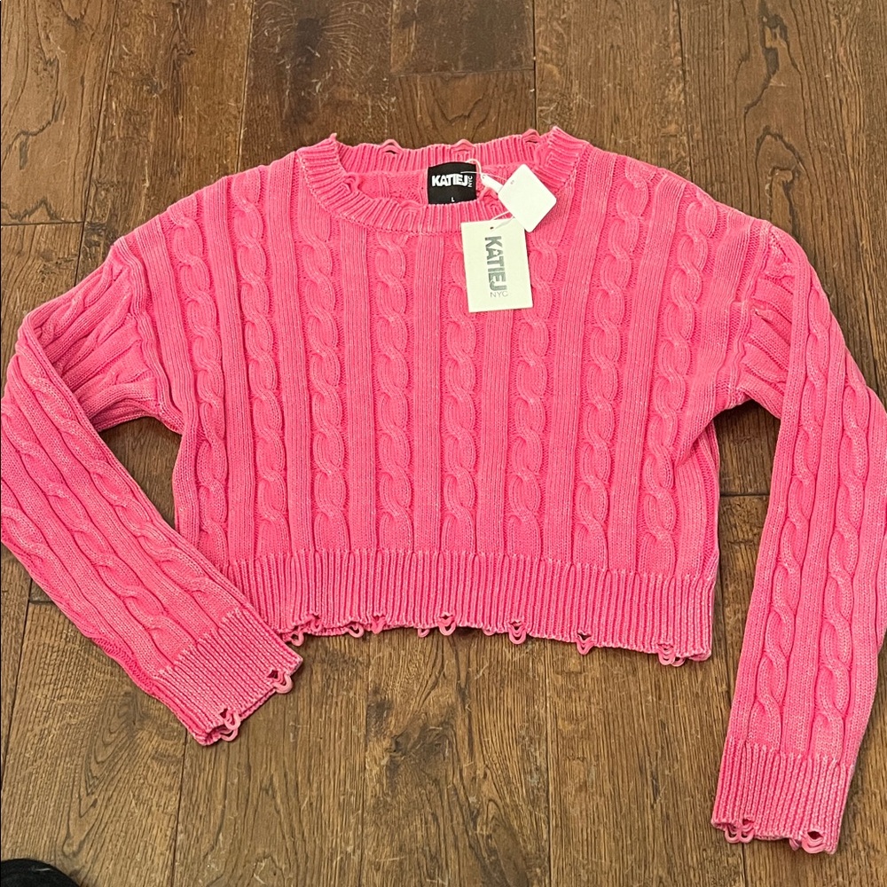 Pink Cable Knit Sweater katie J nyc large